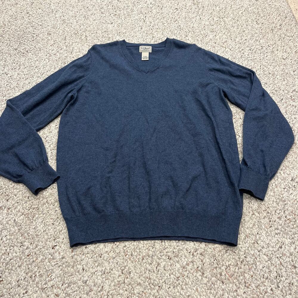 LL Bean Men's Cotton Cashmere V Neck Sweater Sz L Tall Blue Preppy Casual